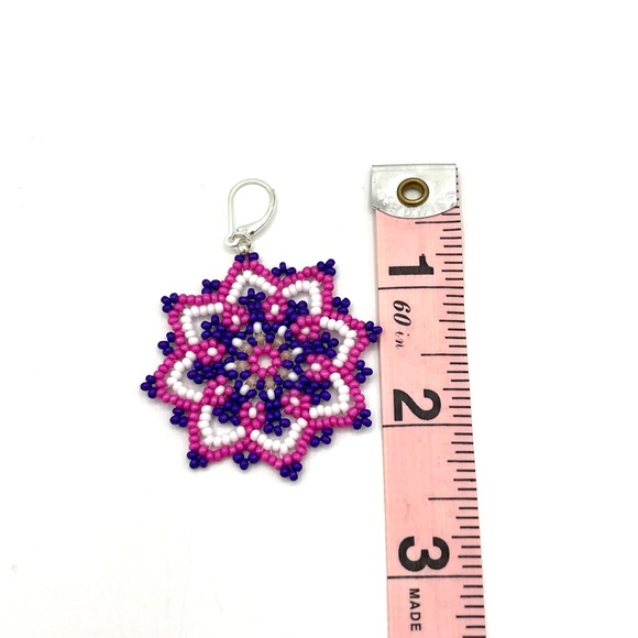 HAND CRAFTED Purple Beaded Flower Chunky Earrings - Picture 5 of 8